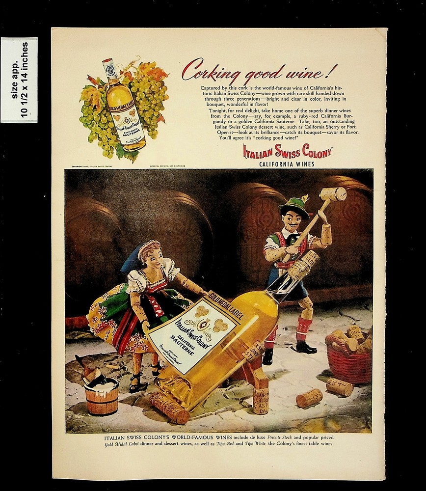 1947 Italian Swiss Colony California Wine Vintage Print Ad 15850