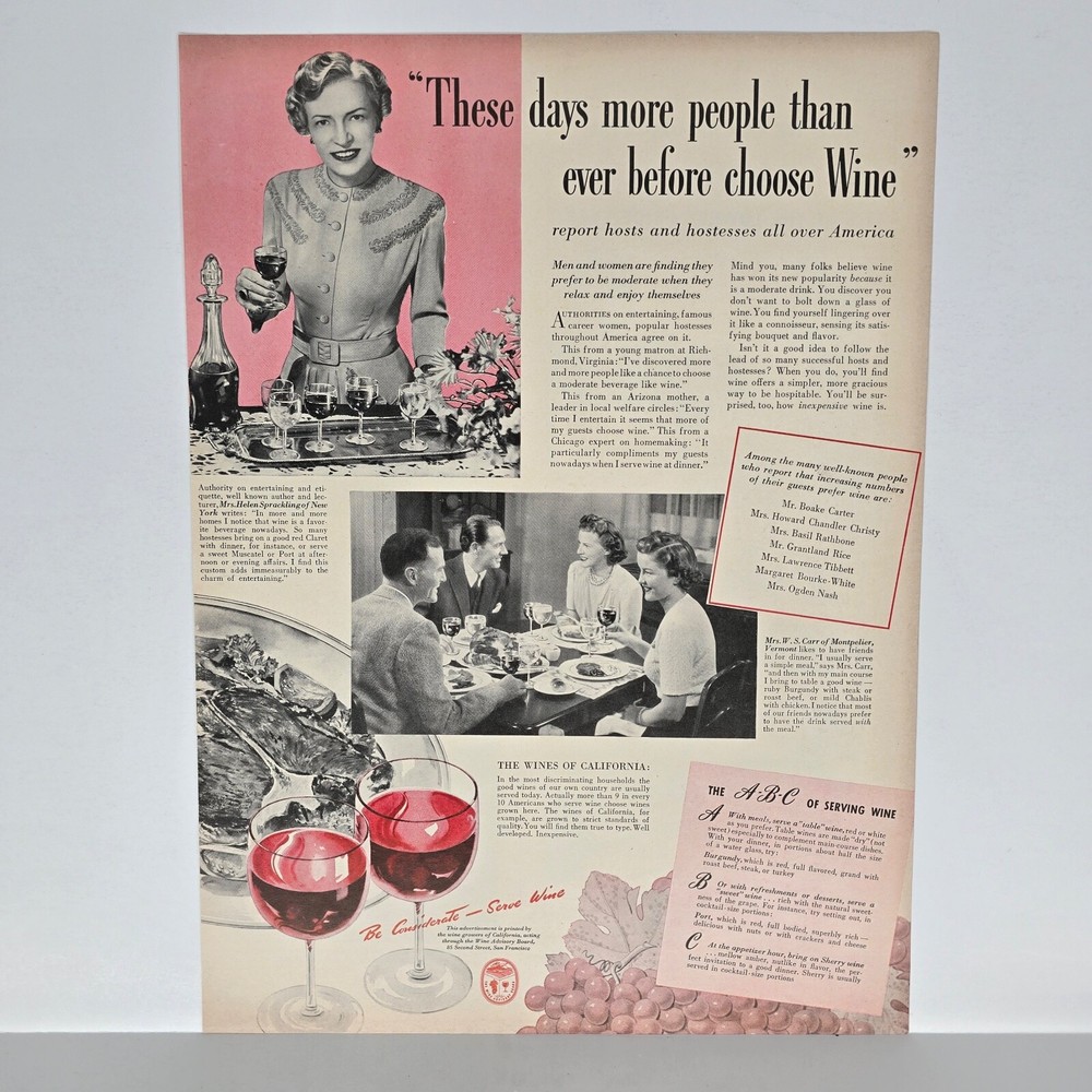 1940 Wine Advisory Board Vintage Ad Wines Of California Helen Sprackling Hostess