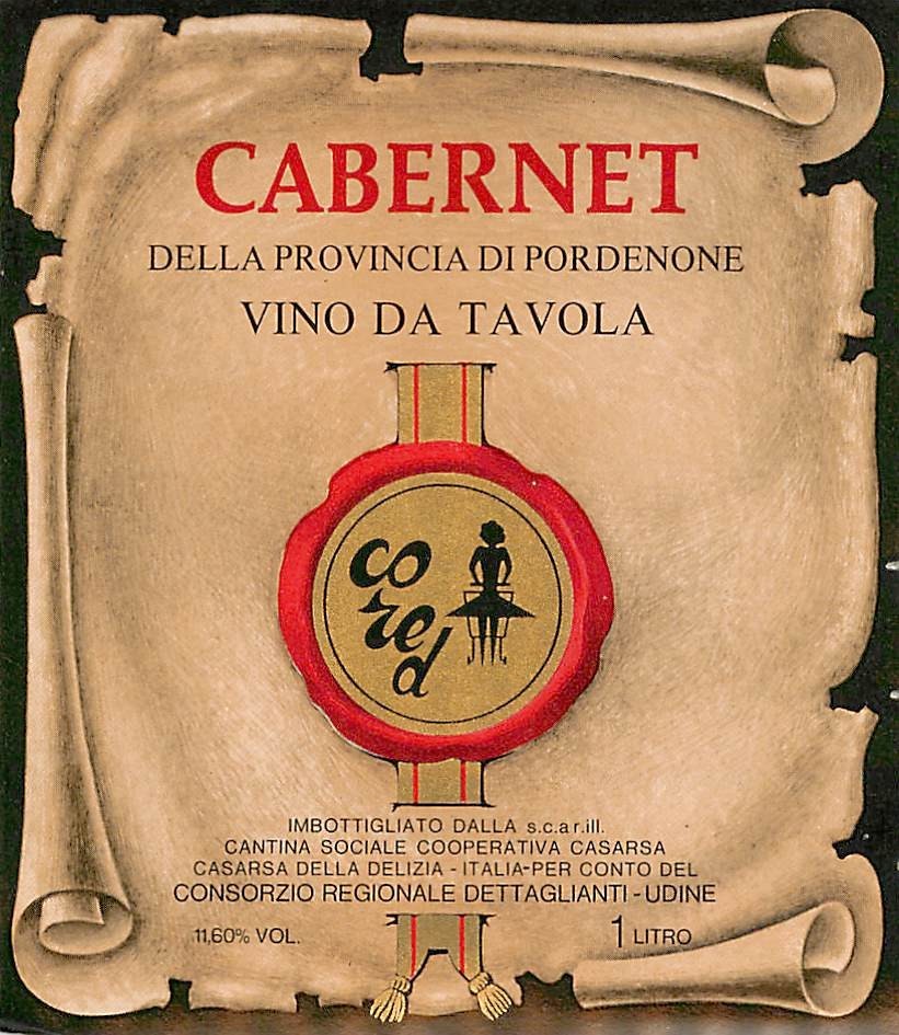 Della Provincia di Pordenone Cabernet Vino Tavola Italy 1970s 1980s Wine Label