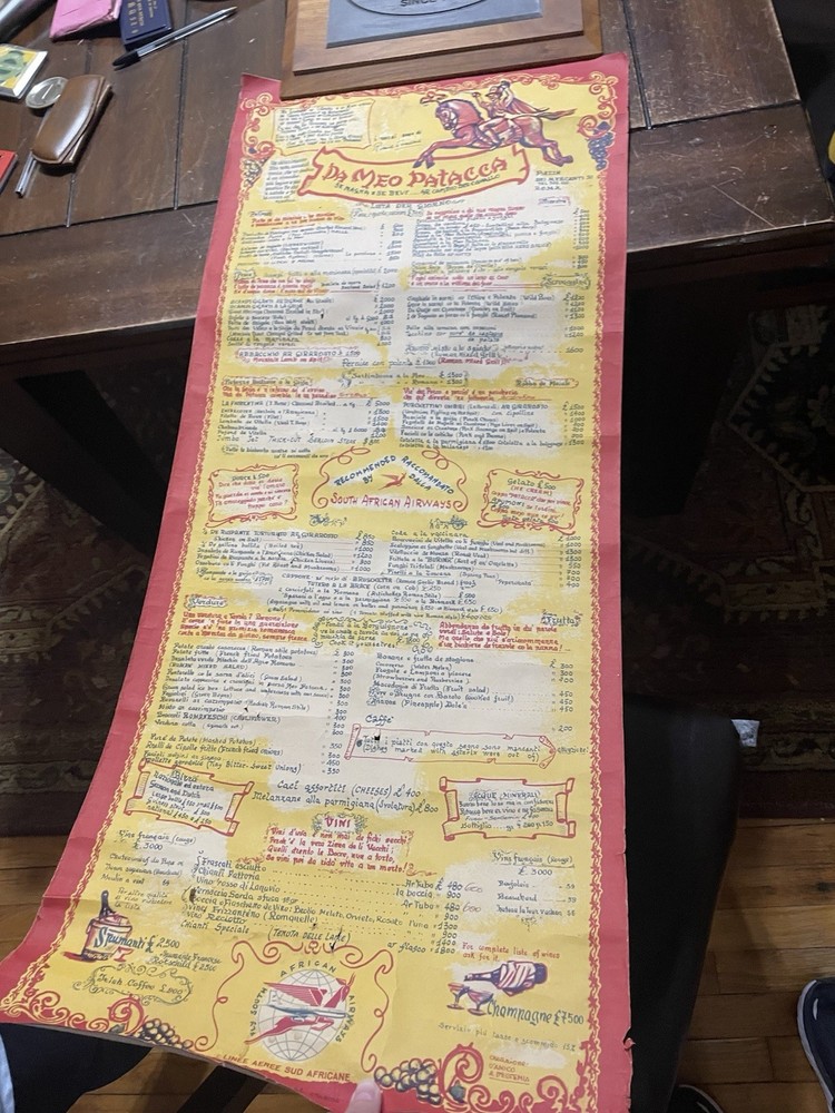 Large Vintage DA MEO PATACCA Rome Italy Restaurant Menu Poster 17”×40&Prime;. 1960&rsquo;s