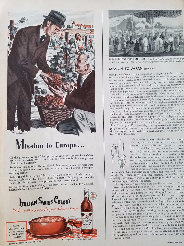 1945 Italian Swiss Colony Wine California Burgundy Mission To Europe Ad