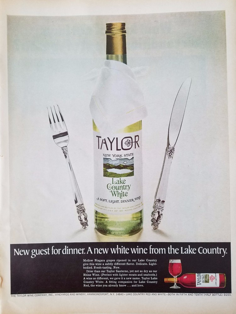 1968 Taylor New York State Wine Lake County White Bottle Original Ad
