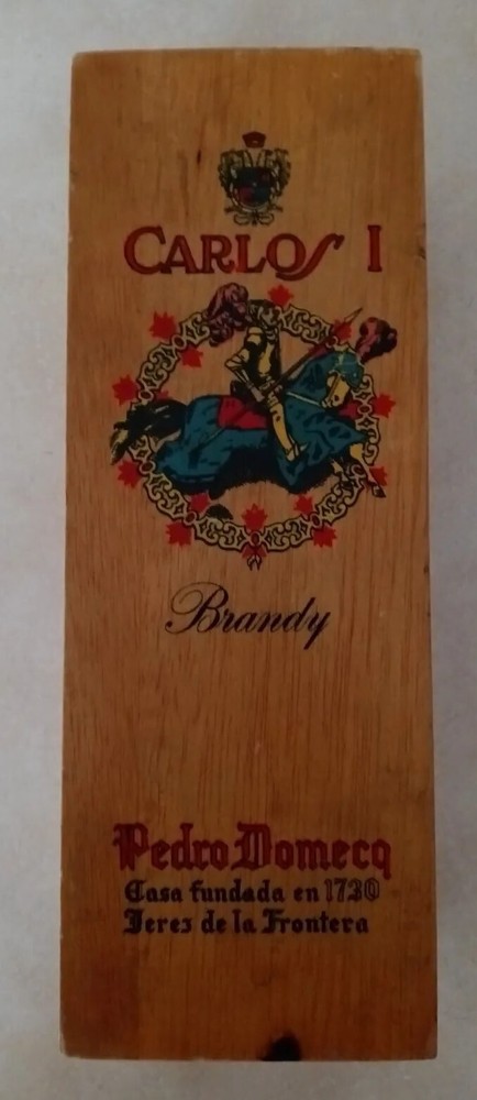 Vntg Carlos I Brandy Wooden Box Pedro Domecq Spain 12&Prime; x 4 1/2&Prime; x 3 1/2&Prime; (C12)