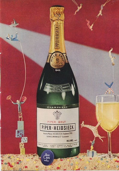 1953 Piper Heidsieck PRINT AD Champagne VIntage 1949 Bottle Tiny Circus ART Deco