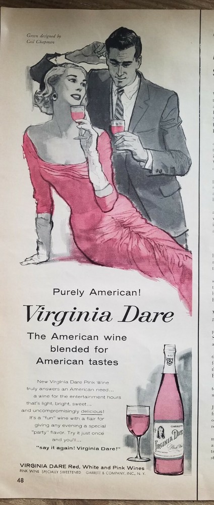 1958 Virginia Dare pink wine women&rsquo;s Ceil Chapman gown dress vintage ad