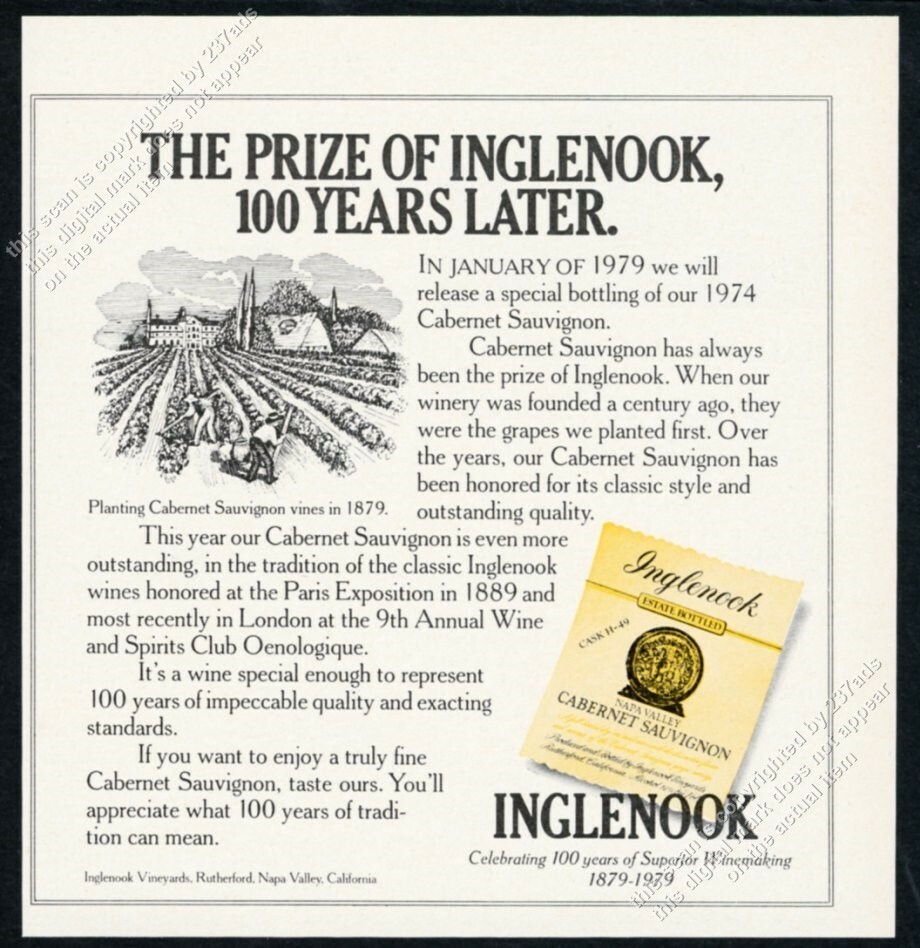 1978 Inglenook wine planting vines in 1879 art vintage print ad