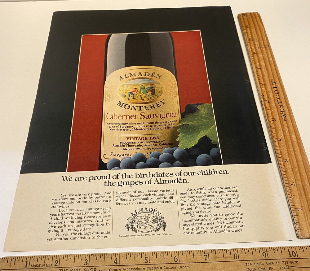 Vintage Print Ad Almaden Monterey Cabernet Sauvignon Bottle Wine 1970s Ephemera
