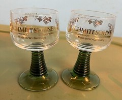 2 Vintage Schmitt Sohne West German Wine Goblet Cordial Glasses Clear Green Stem