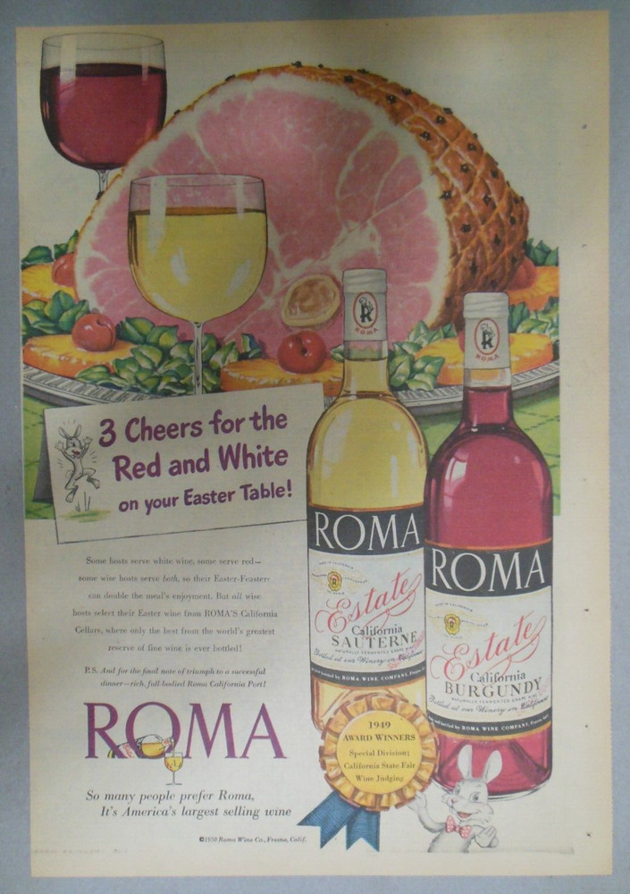 Roma Wine ad: California Red and White Wine from 1950 Size: ~ 11 x 15 inches