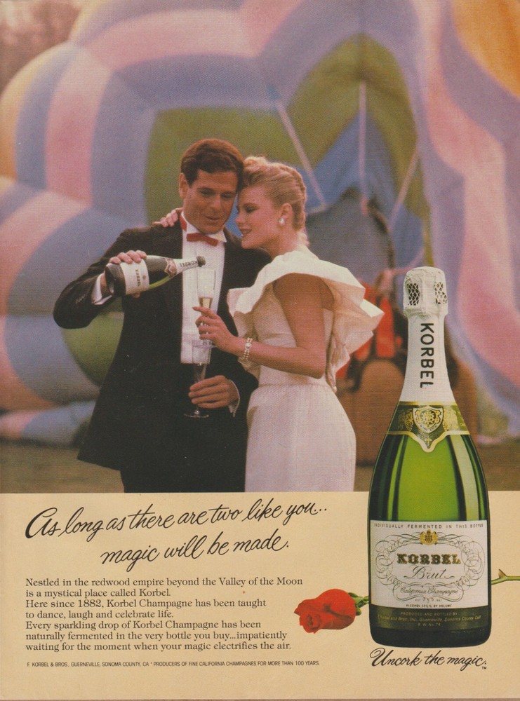 1983 Korbel Champagne – Romantic Elegant Couple Hot Air Balloon – Print Ad Photo