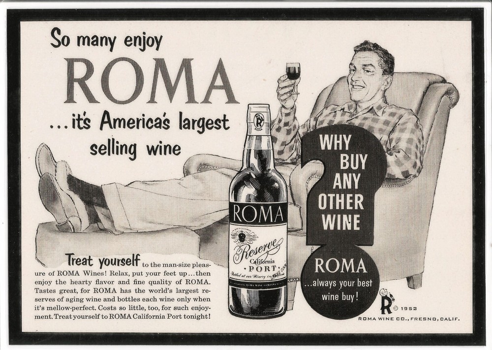 Handmade LAMINATED PRINT of an ORIGINAL 1952 ROMA California Port Wine PRINT AD