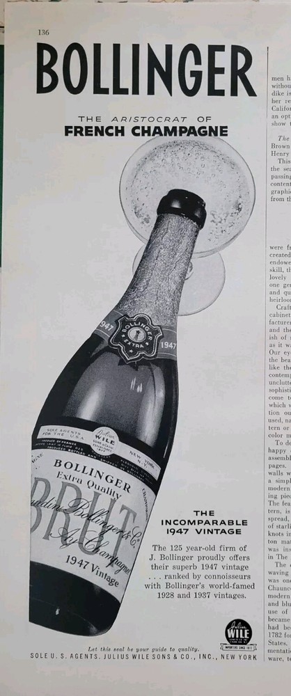 1947 Bollinger BRUT aristocrat of french champagne bottle vintage ad