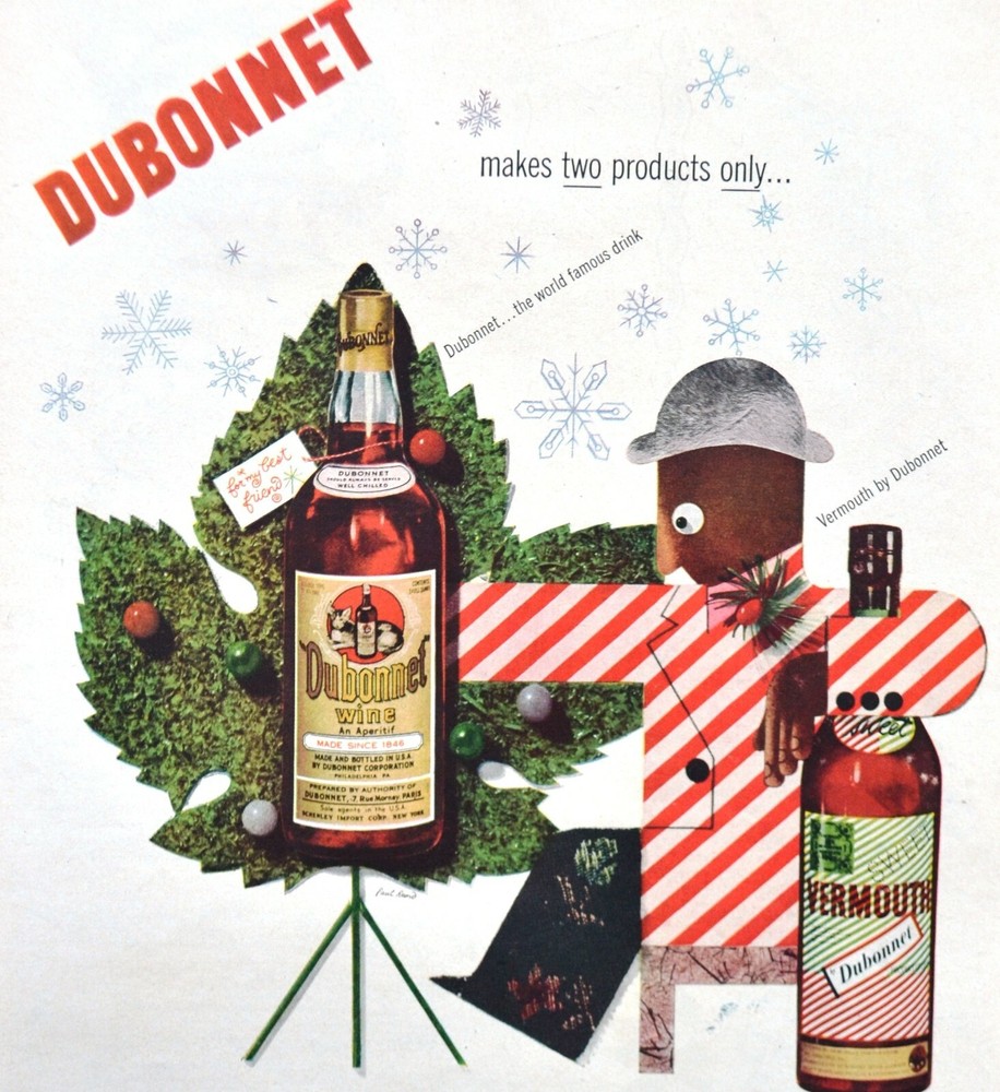 1949 Dubonnet PRINT AD image of bottle holiday motif