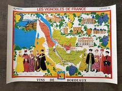 Vintage Authentic French Wine Poster Bordeaux France Travel Vineyards 1970s Map