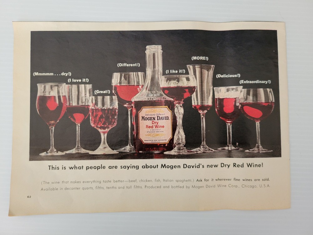 Mogen David Dry Red Wine Fine wine produced in Chicago USA 1963 vintage ad