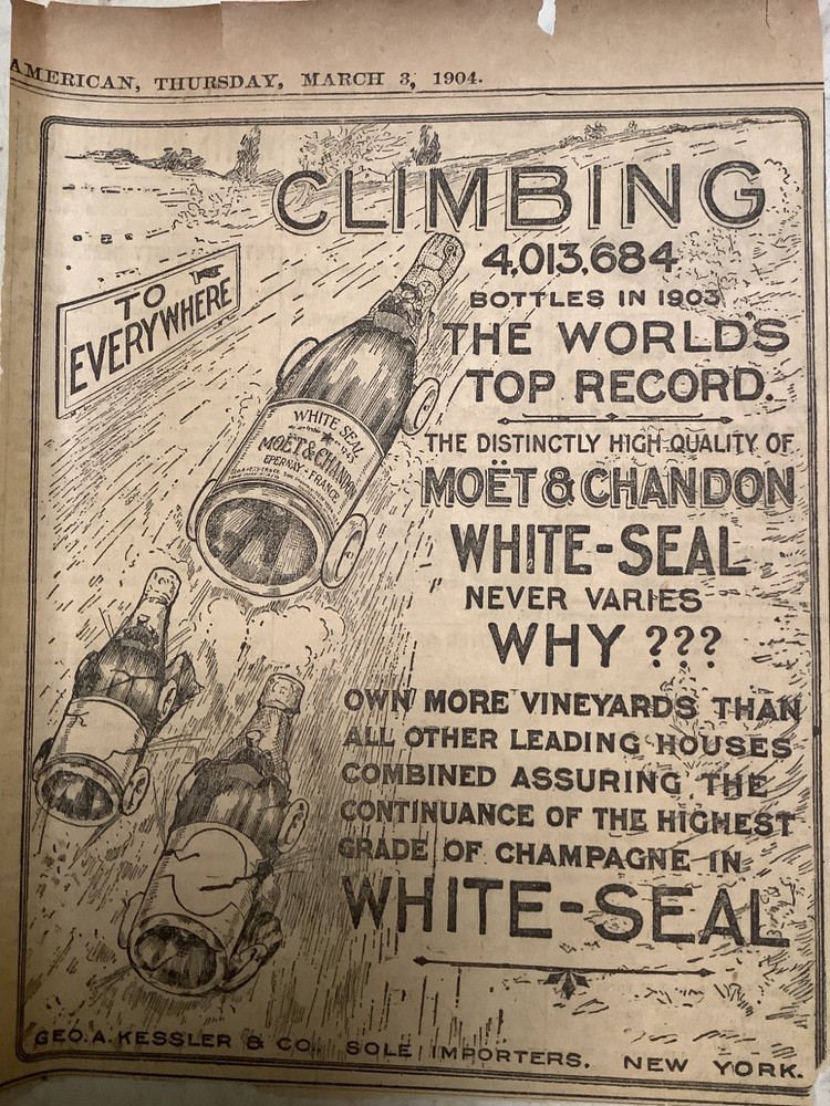 1904 Moet & Chandon champagne man with bottle art vintage print ad