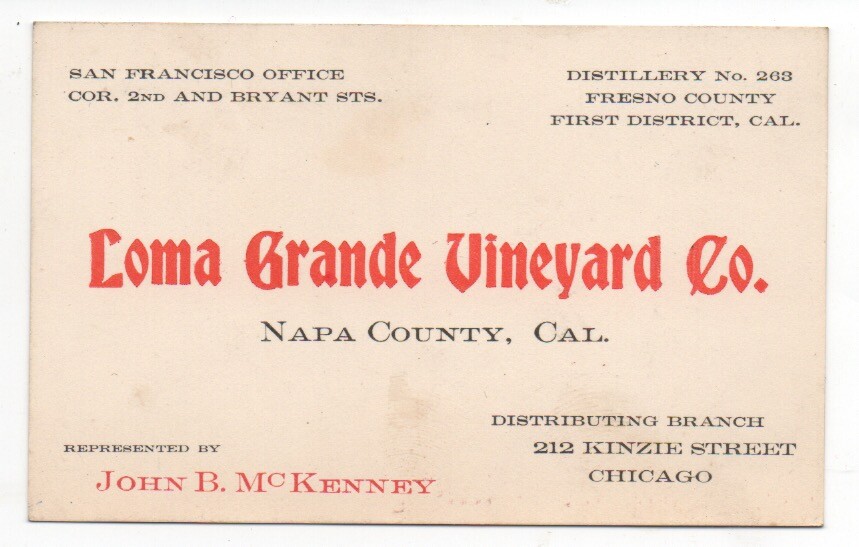 1920s Business Card Loma Grande Vineyard Co Napa County CA