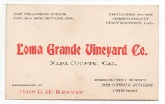 1920s Business Card Loma Grande Vineyard Co Napa County CA