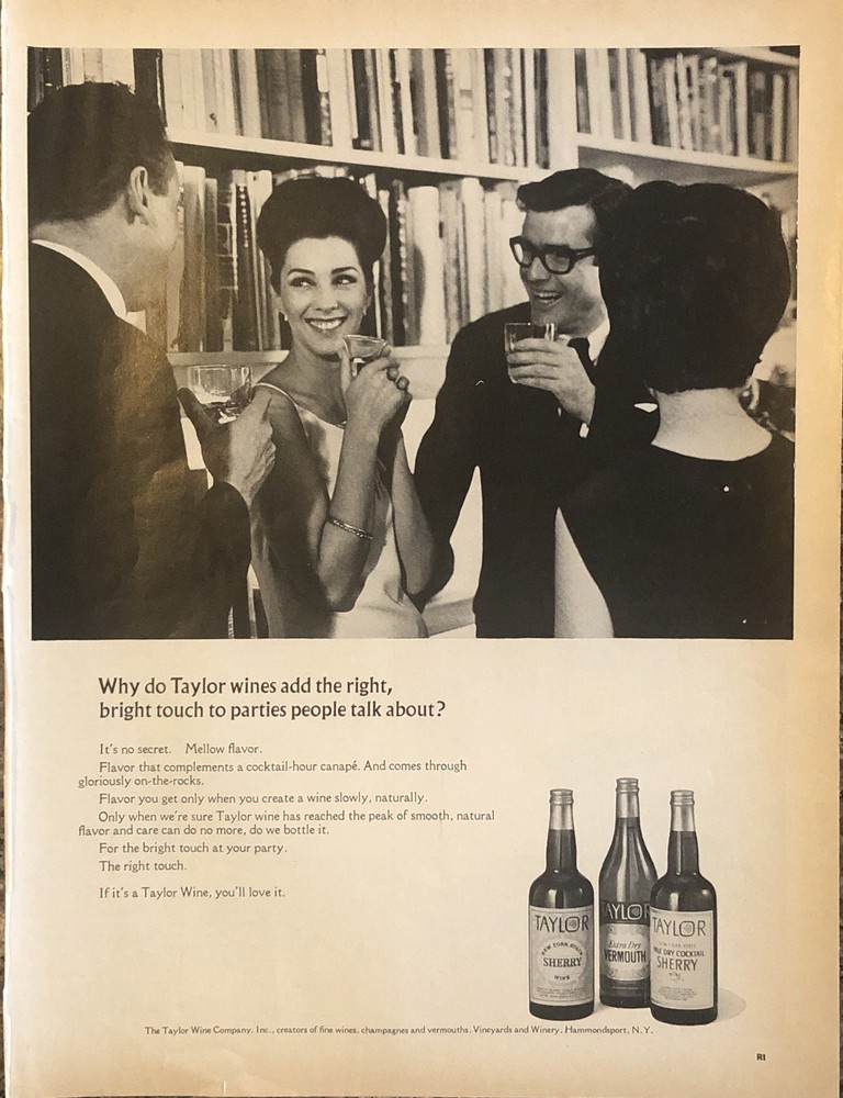 1966 Taylor Wines PRINT AD Right Bright Touch Party VTG 1960s Hammondsport NY
