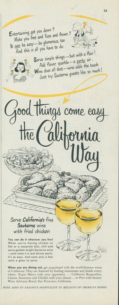 1951 California Wine Sauterne Fried Chicken Casserole Salad Vintage Print Ad C6