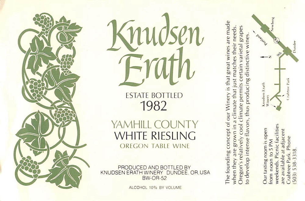 Knudsen Erath White Riesling Oregon 1982 1980s Vintage Wine Label
