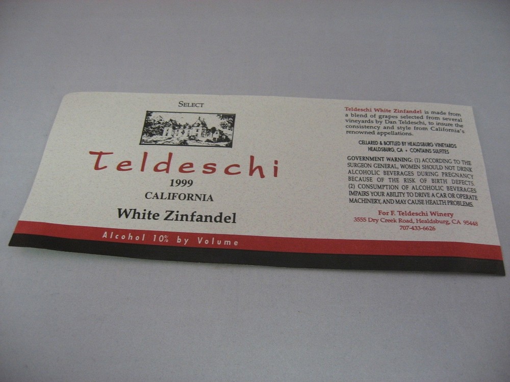 Vintage 1999 Teldeschi White Zinfandel Wine Label California Healdsburg Unused