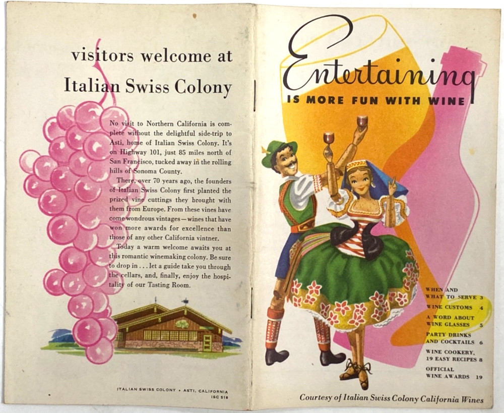1950s ITALIAN SWISS COLONY WINES vintage wine guide and recipes ASTI, CALIFORNIA