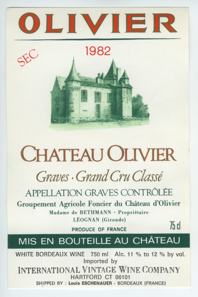 CHATEAU OLIVIER – NEW Wine Label – Graves . Grand Crú Classé 1982 Perfect!!!