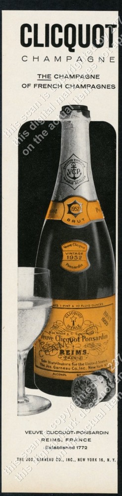 1958 Veuve Clicquot champagne 1952 bottle photo vintage print ad