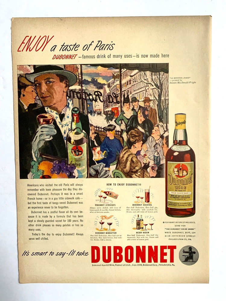1946 Dubonnet Aperitif Wine Print Ad 13inx10in Paris Scene 2L