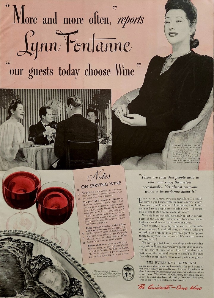 1946 California Wines Lynn Fontanne Actress Print Ad Ephemera Wall Art Decor