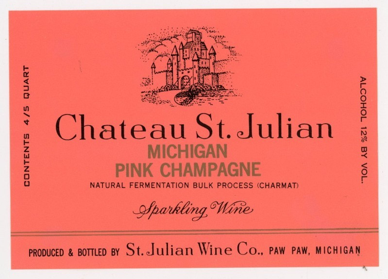 1960s-70s Paw Paw, MI Wine Label Pink Champagne Chateau St Julian Wine Co #2G