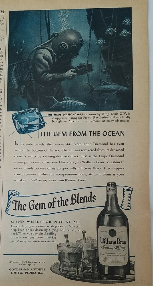 1944 William Penn blended whiskey scuba diver fish the Hope Diamond vintage ad