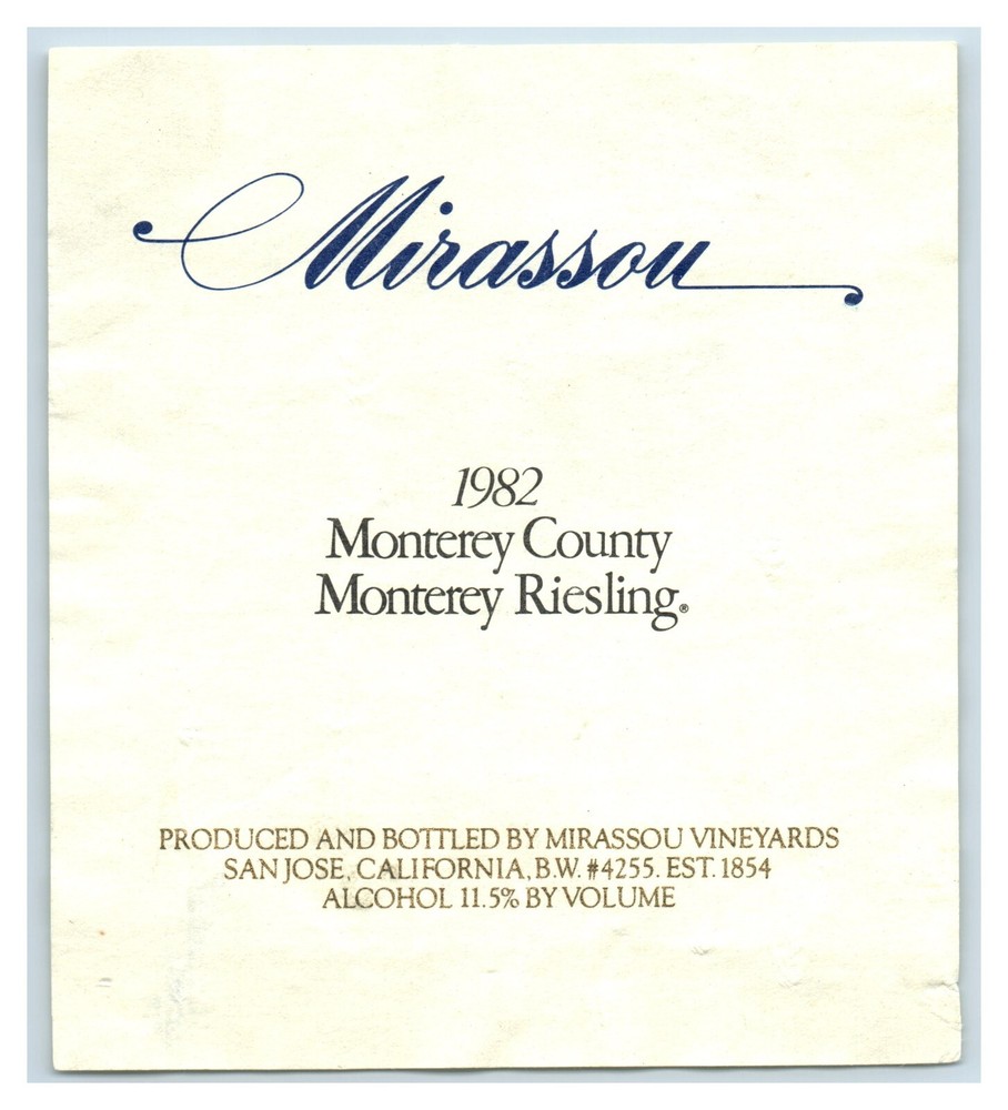1982 Mirassou Monterey County Riesling California Wine Label Original S8