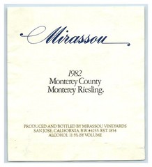 1982 Mirassou Monterey County Riesling California Wine Label Original S8