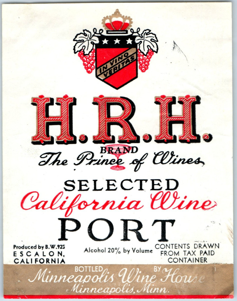 1920s-30s H.R.H. California Wine Port Escalon Label 2 WL2