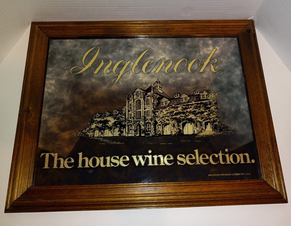 Vtg INGLENOOK Winery 1986 Wooden Framed Smoky Glass Mirror Bar Wall Sign 19X15”
