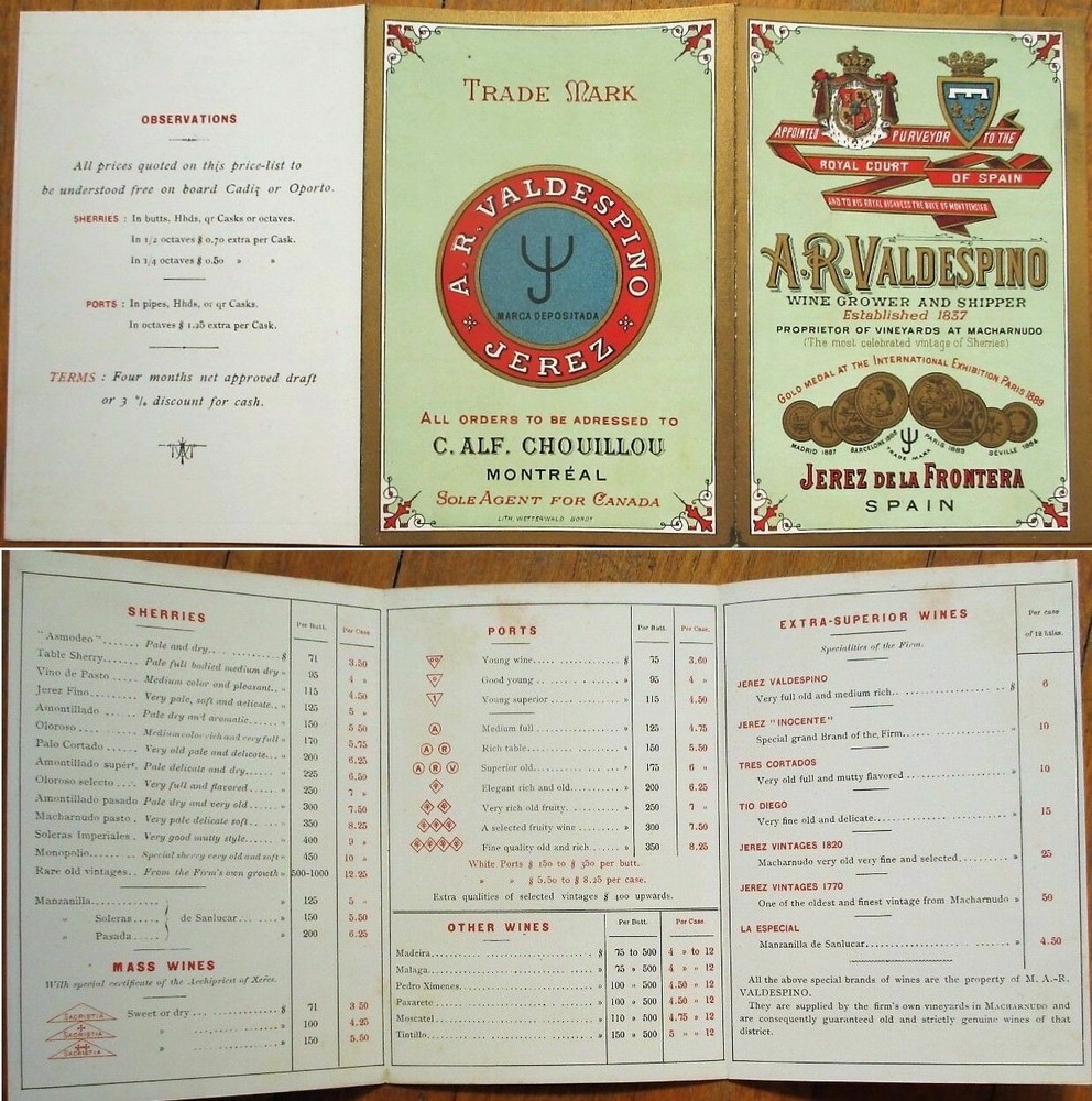 Wine Menu 1890 AR Valdespino Port Sherry. Jerez de la Frontera, Espana Spain 4