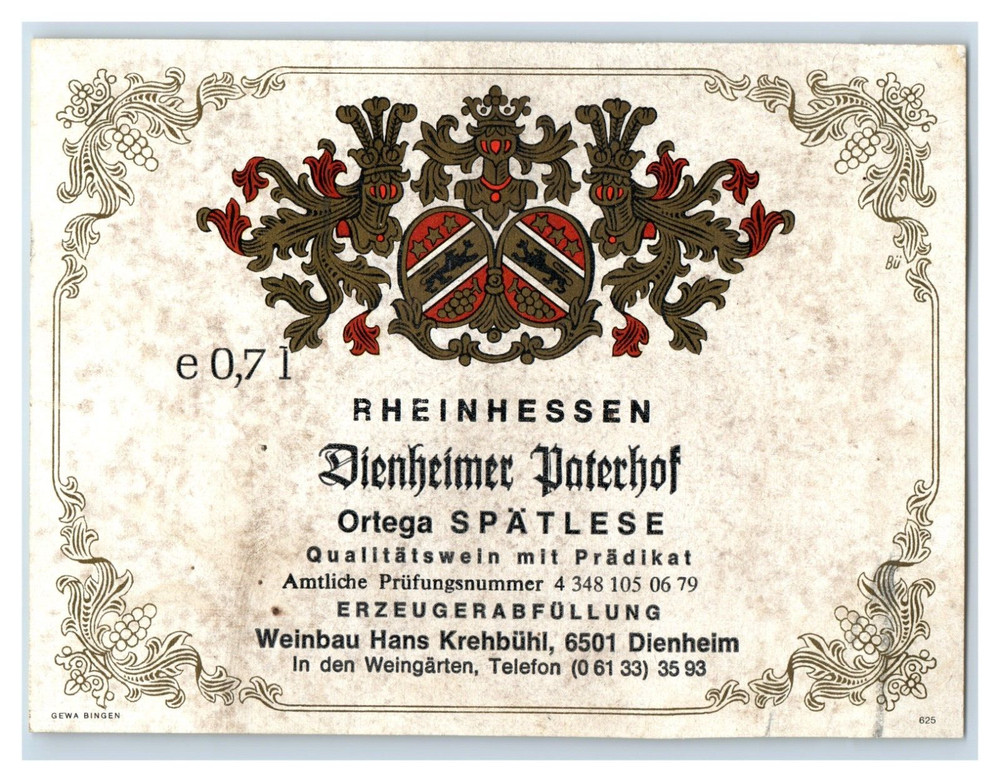 1970&rsquo;s-80&rsquo;s Rheinhessen Dienheimer Paterhof German Wine Label Original S24E