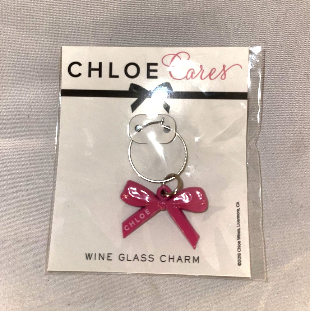 Lot of 5 NEW « CHLOE CARES » Chloe Wine Glass Charm Pink Ribbon Bow Breast Cancer