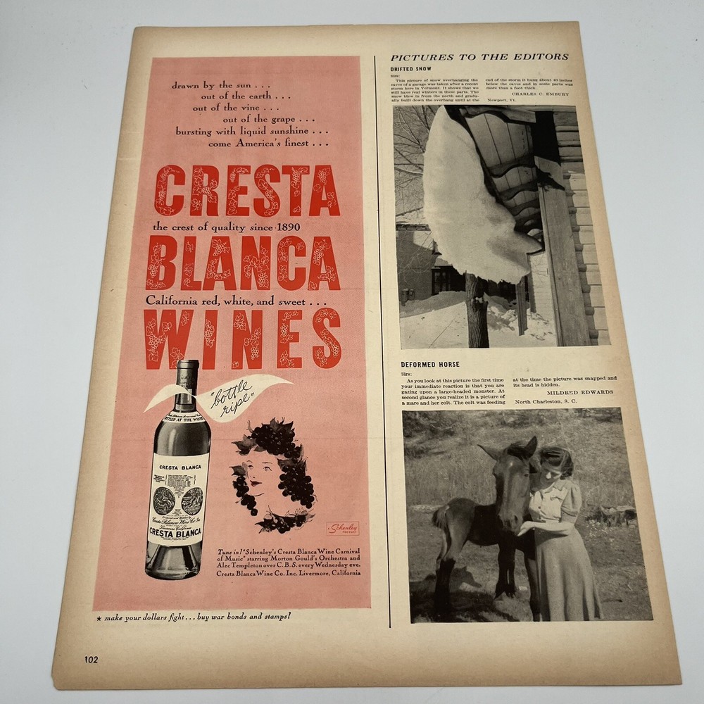 1944 Cresta Blanca Wines Vintage Print Ad 5.5&Prime;x14&Prime; bottle ripe California wine