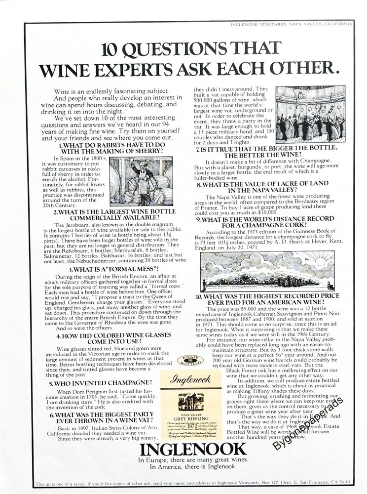 1974 INGLENOOK Wine 10 Questions Wine Experts Ask Each Other Vintage PRINT AD