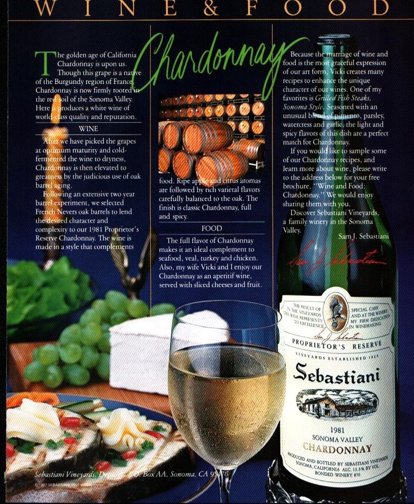 1983 Sebastiani Chardonnay Sonoma Valley California Wine Vintage Print Ad 1064