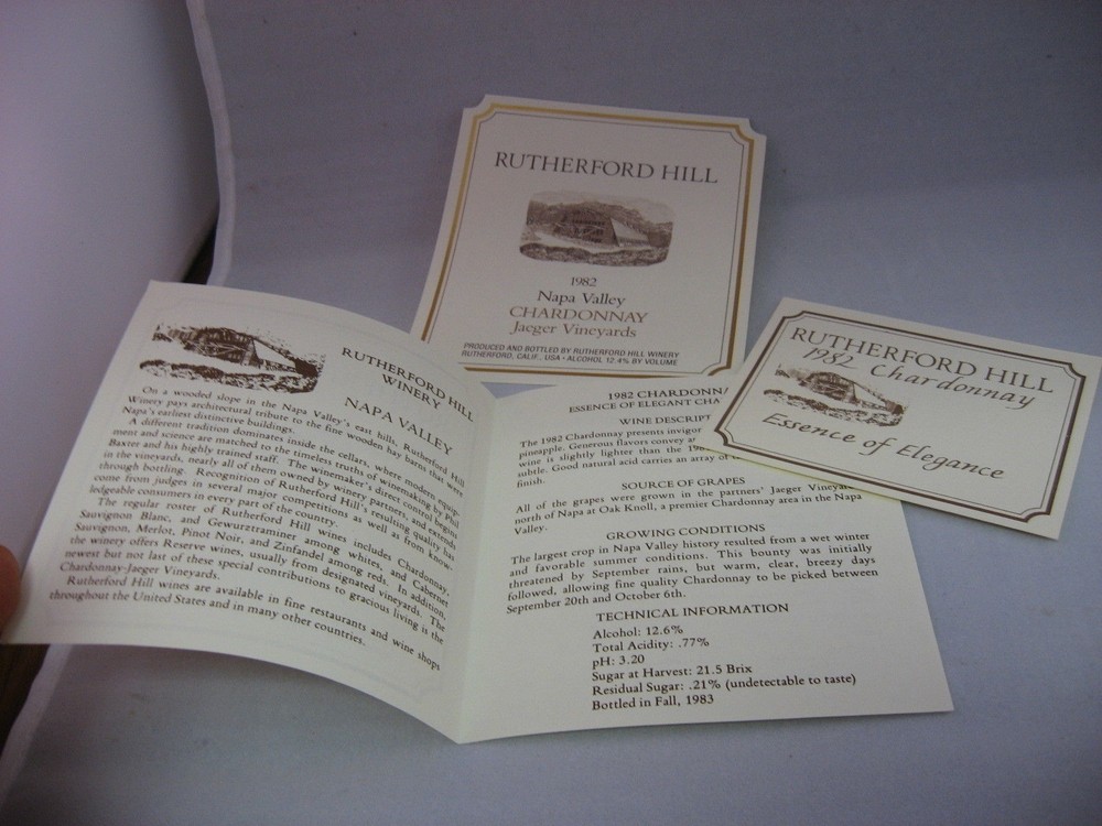 Vintage 1982 Rutherford Hill Chardonnay Wine Label Set Napa Valley Jaeger