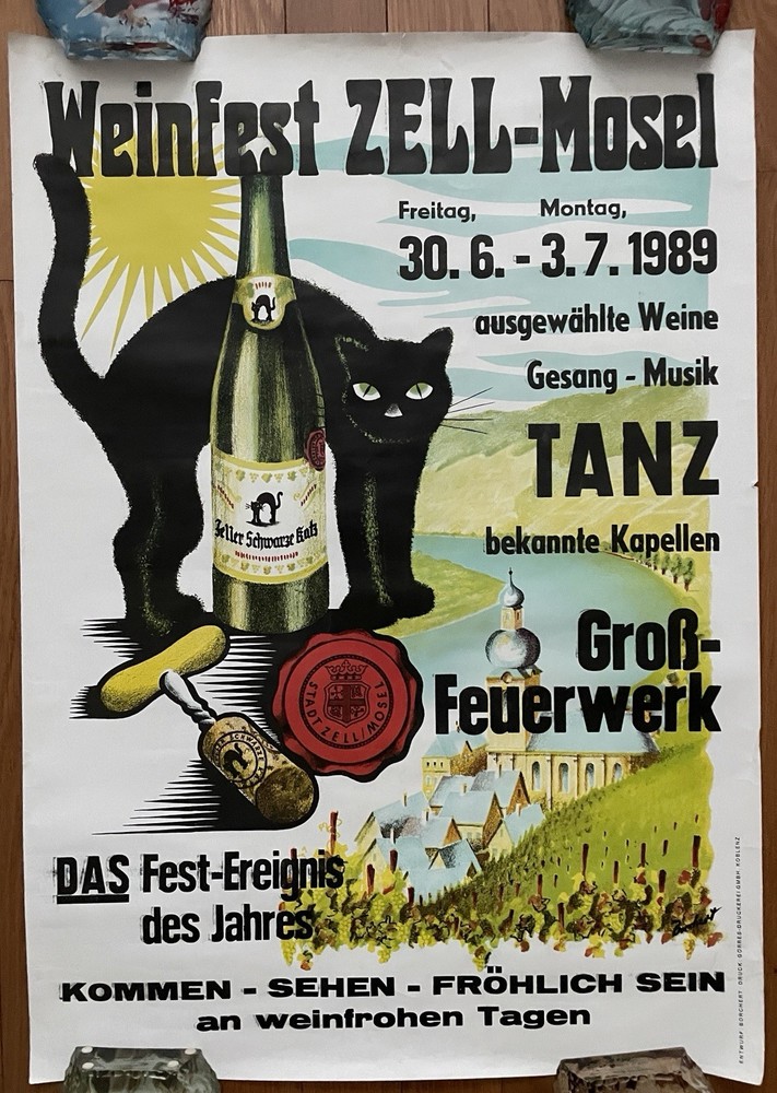 1989 Rare Original Zell Mosel Germany Wine Festival Black Cat Travel Poster