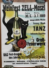 1989 Rare Original Zell Mosel Germany Wine Festival Black Cat Travel Poster