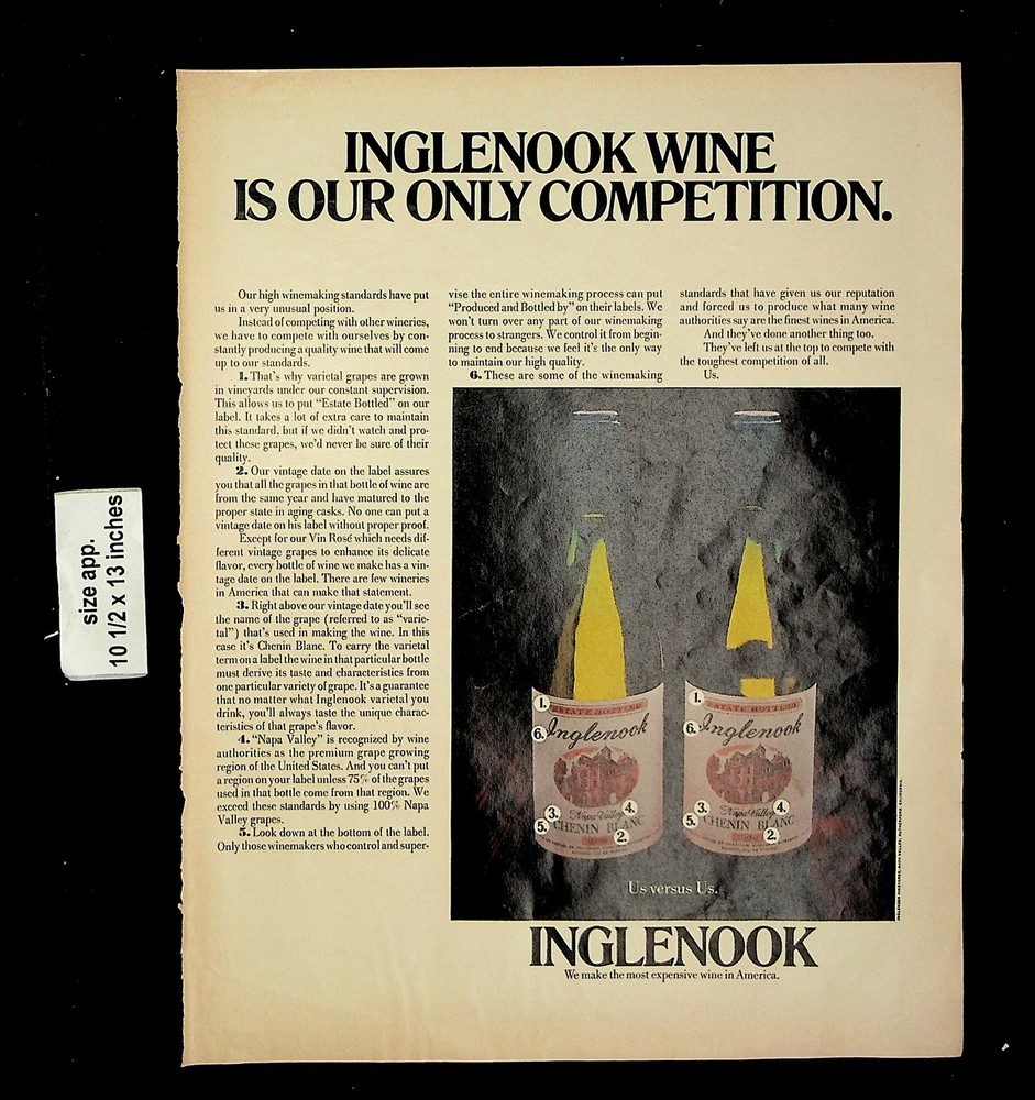 1970 Inglenook Wine Competition Us VS Us Chenin Blanc Vintage Print Ad 24839