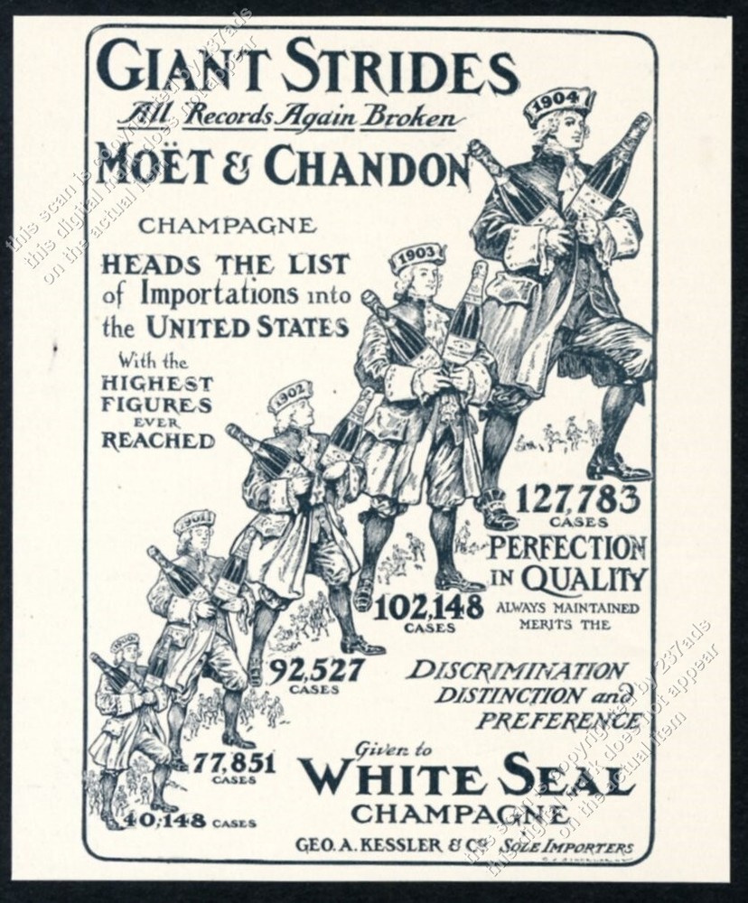 1905 Moet & Chandon champagne man with bottle art vintage print ad