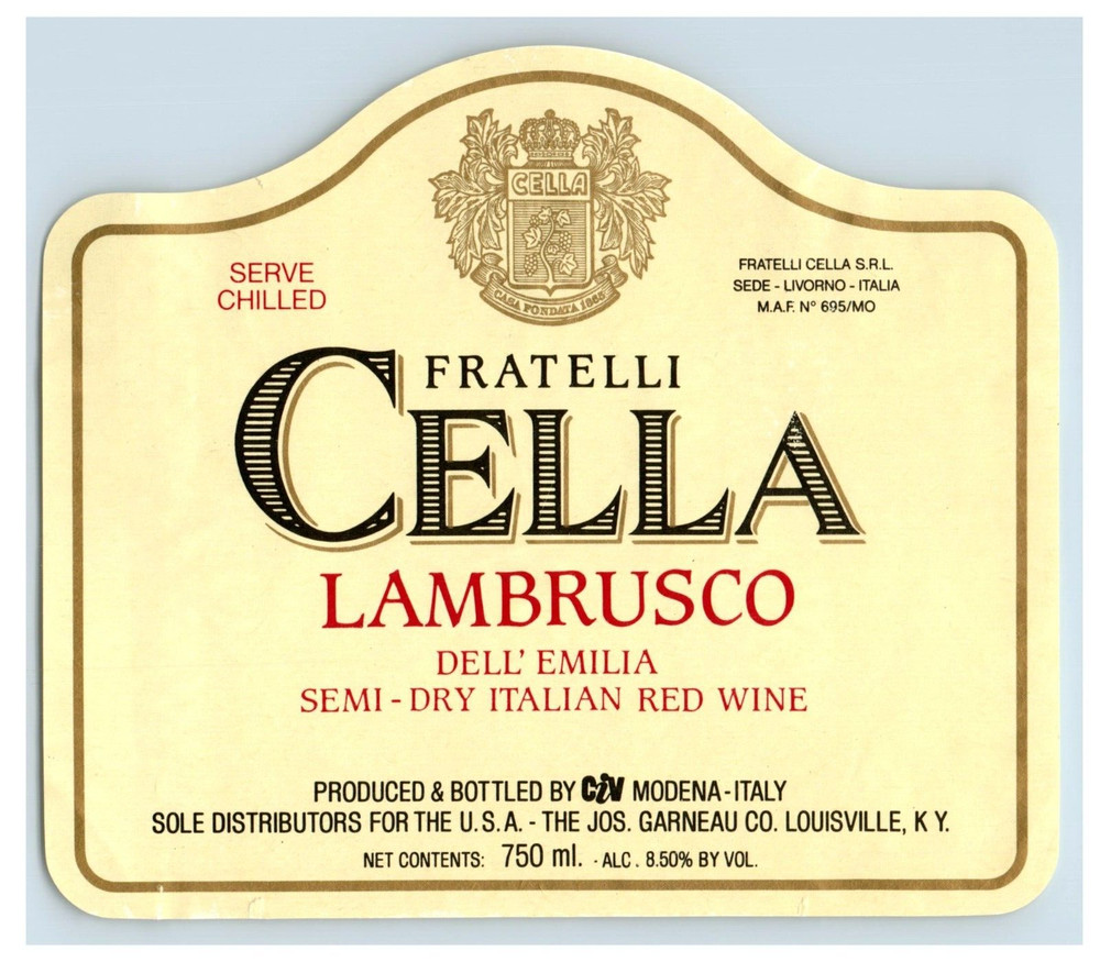 1970&rsquo;s-80&rsquo;s Fratelli Cella Lambrusco Red Itialian Wine Label Original S49E