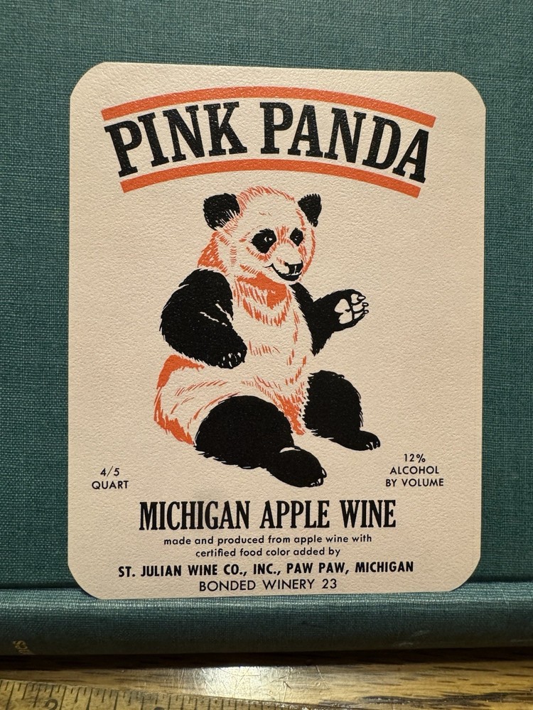 St Julian Pink Panda Michigan Apple Wine Bottle Label Paw Paw Mich